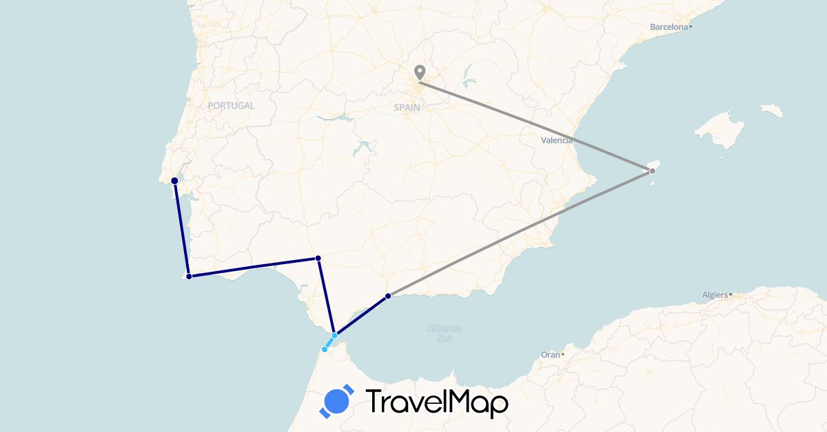 TravelMap itinerary: driving, plane, boat in Spain, Morocco, Portugal (Africa, Europe)